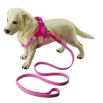 Microfiber glasses style breathable dog chest strap in pink on a Labrador retriever, size L, for safe walking and training.
