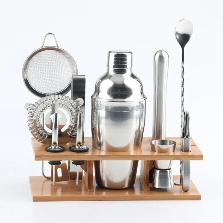Conjunto de Ferramentas para Cocktail em Aço Inoxidável 11 em 1 com Suporte de Madeira, Capacidade: 350ml