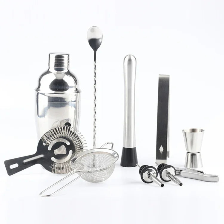 Conjunto de Ferramentas para Cocktail em Aço Inoxidável 11 em 1 com Suporte de Madeira, Capacidade: 350ml