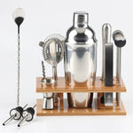 Conjunto de Ferramentas para Cocktail Shaker em Aço Inoxidável 14 em 1 com Suporte de Bambu, Capacidade: 750ml, 750ml, Bambu