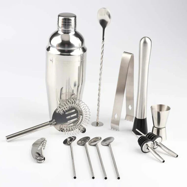 Conjunto de Ferramentas para Cocktail Shaker em Aço Inoxidável 14 em 1 com Suporte de Bambu, Capacidade: 750ml, 750ml, Bambu