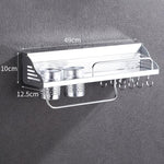 Suporte de Armazenamento para Condimentos de Cozinha Multifuncional com 2 Copos e 8 Ganchos, Montado na Parede com Borda de Plástico de 50cm, Borda de Plástico com Furação de 50cm