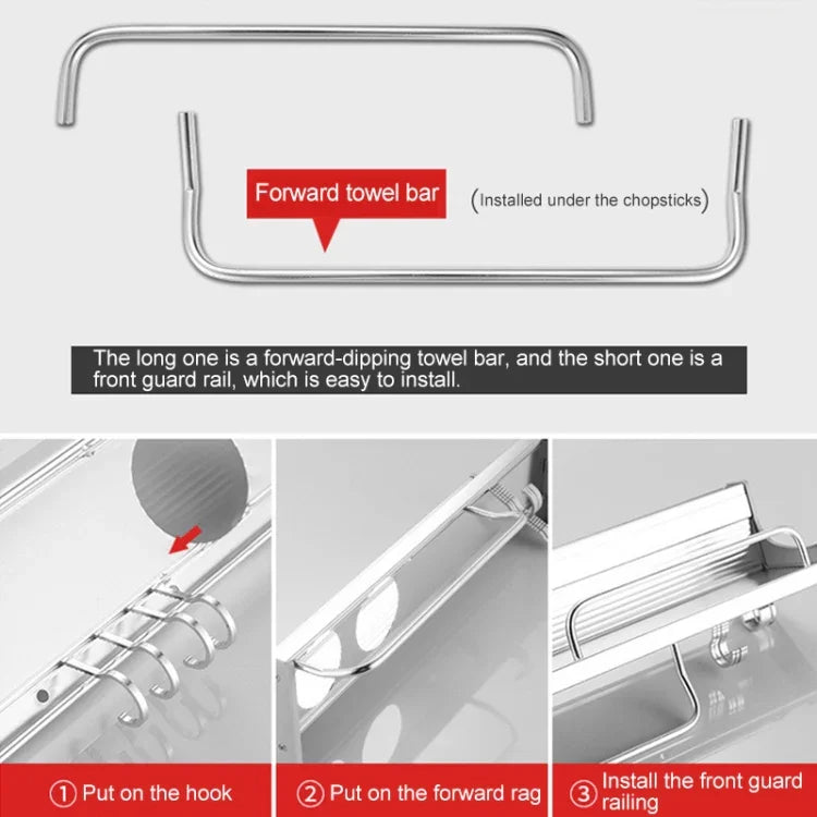 Suporte de Condimentos de Parede Multiusos com 2 Copos e 8 Ganchos, 50cm, Sem Perfuração, Borda de Plástico