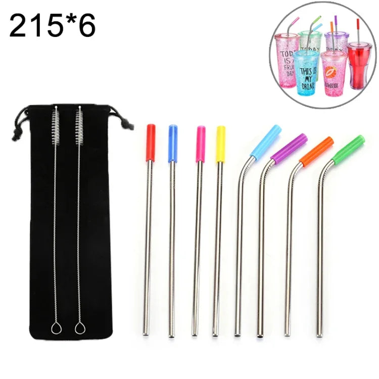 Conjunto com 8 Pontas Reutilizáveis de Silicone para Palhinhas em Aço Inoxidável + 2 Escovas de Limpeza com Saco de Caxemira, 215*6mm