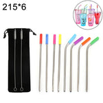 Conjunto com 8 Pontas Reutilizáveis de Silicone para Palhinhas em Aço Inoxidável + 2 Escovas de Limpeza com Saco de Caxemira, 215*6mm