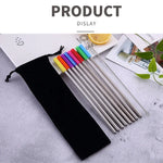 Conjunto com 8 Pontas Reutilizáveis de Silicone para Palhinhas em Aço Inoxidável + 2 Escovas de Limpeza com Saco de Caxemira, 215*6mm