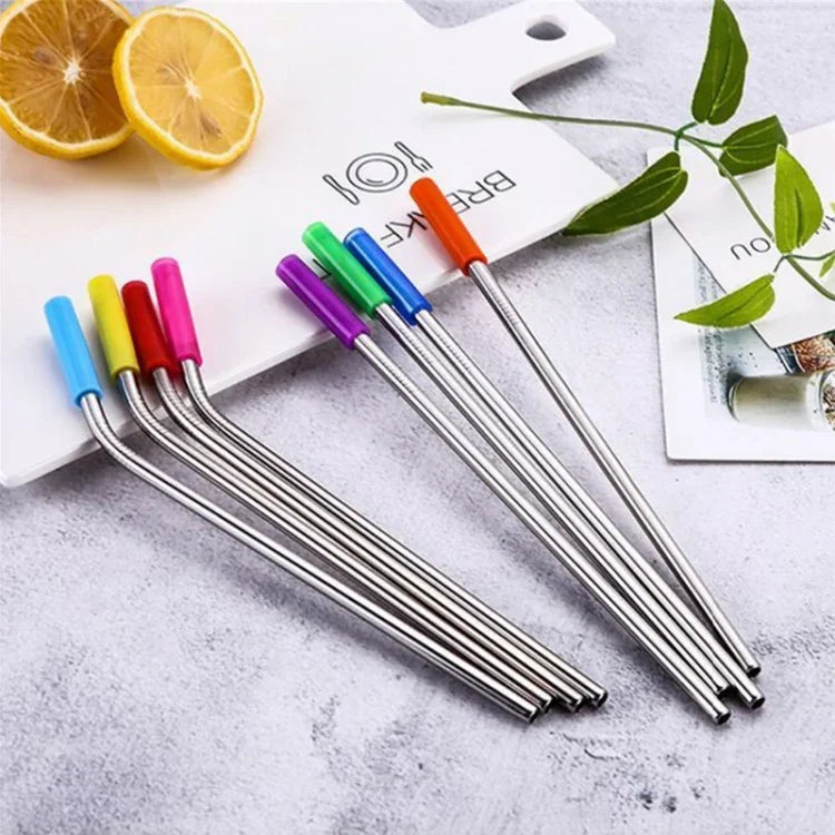 Conjunto com 8 Pontas Reutilizáveis de Silicone para Palhinhas em Aço Inoxidável + 2 Escovas de Limpeza com Saco de Caxemira, 215*6mm