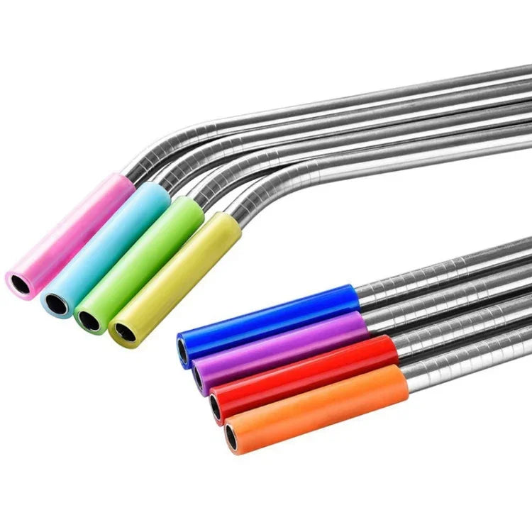 Conjunto com 8 Pontas Reutilizáveis de Silicone para Palhinhas em Aço Inoxidável + 2 Escovas de Limpeza com Saco de Caxemira, 215*6mm