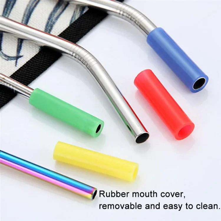 Conjunto com 8 Pontas Reutilizáveis de Silicone para Palhinhas em Aço Inoxidável + 2 Escovas de Limpeza com Saco de Caxemira, 215*6mm