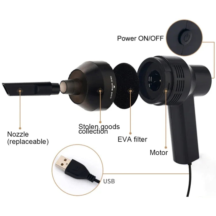 Kit de Limpeza Portátil HK-6019A com Sucção Potente USB 3.5W, Escova para Teclado de Computador, Bocal Coletor de Pó, Aspirador Manual para Limpeza de Portátil / Animais de Estimação, Cabo USB de 1,8 m, DC 5V (Preto)