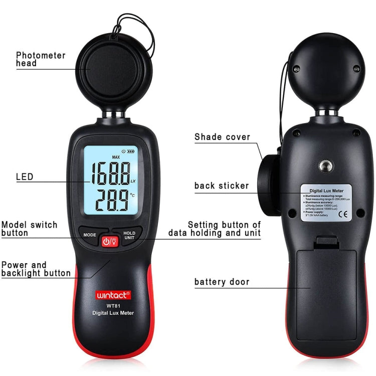 Medidor Digital de Luz Lux Wintact WT81 para Fábrica / Escola / Casa e Diversas Ocasiões, Alcance: 0-200.000 Lux