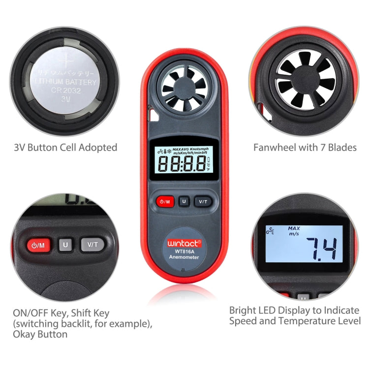 Termómetro Eletrónico Digital Anemómetro Wintact WT816A, WT816A