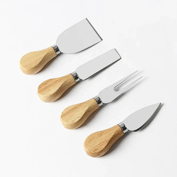 kn603 Conjunto de Ferramentas para Queijo com Cabo de Madeira e Aço Inoxidável 4 em 1