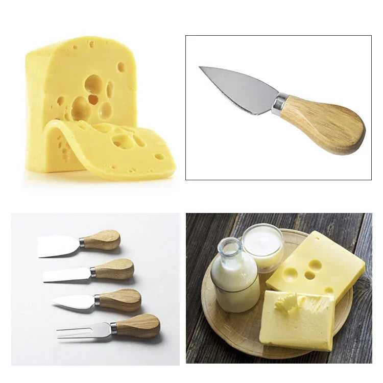 kn603 Conjunto de Ferramentas para Queijo com Cabo de Madeira e Aço Inoxidável 4 em 1