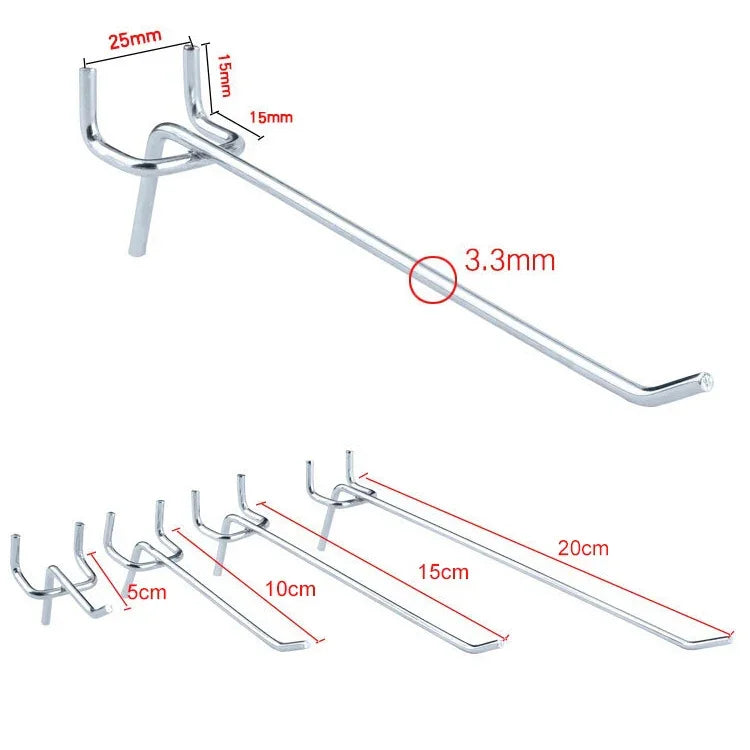 10pcs Gancho para Parede de Painel de Loja de Roupas de Supermercado, Placa com Orifícios, Espaçamento dos Orifícios: 2,5cm, Comprimento: 5cm, Diâmetro do Arame: 3,3mm, Comprimento: 5cm