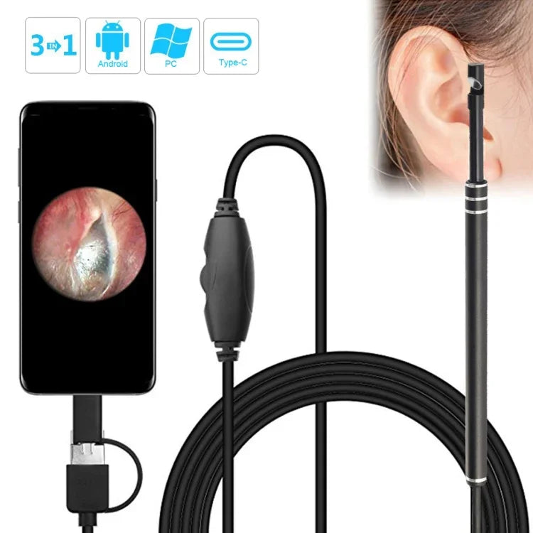 i96 Escopo Auricular USB 3 em 1 Inspeção Câmera HD 0.3MP Colher Visual para Ouvido para Telefones Android OTG & PC & MacBook, Cabo de 1,85m, 3 em 1 Preto 0.3MP