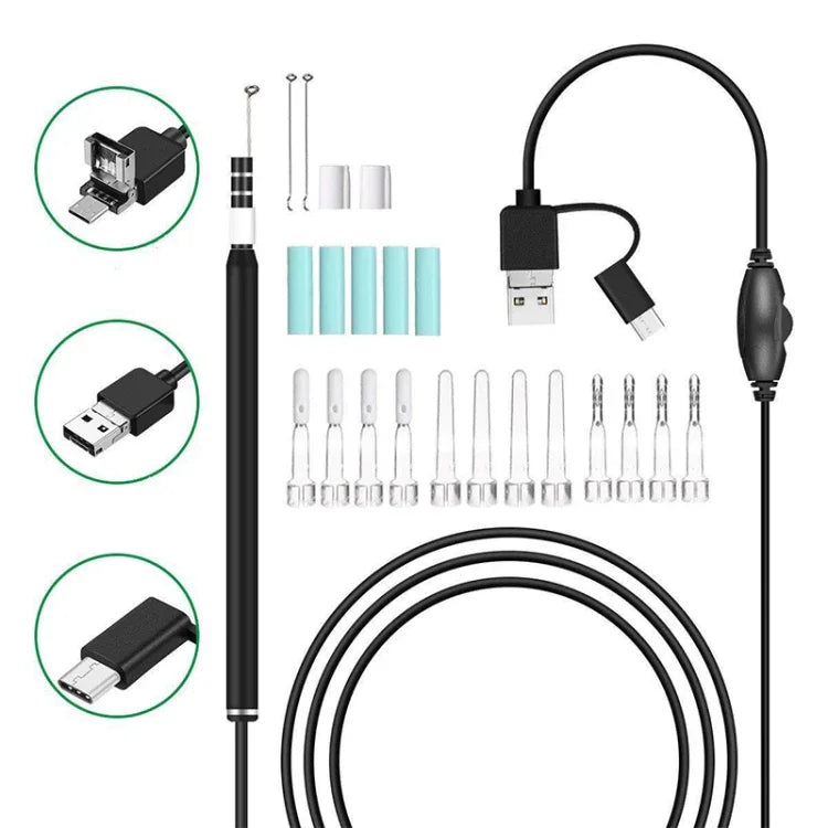 i95 Escopo Auricular USB 3 em 1 Inspeção Câmera HD 0.3MP Colher Visual para Ouvido para Telefones Android OTG & PC & MacBook, Cabo de 1,75m, 3 em 1 Branco 0.3MP