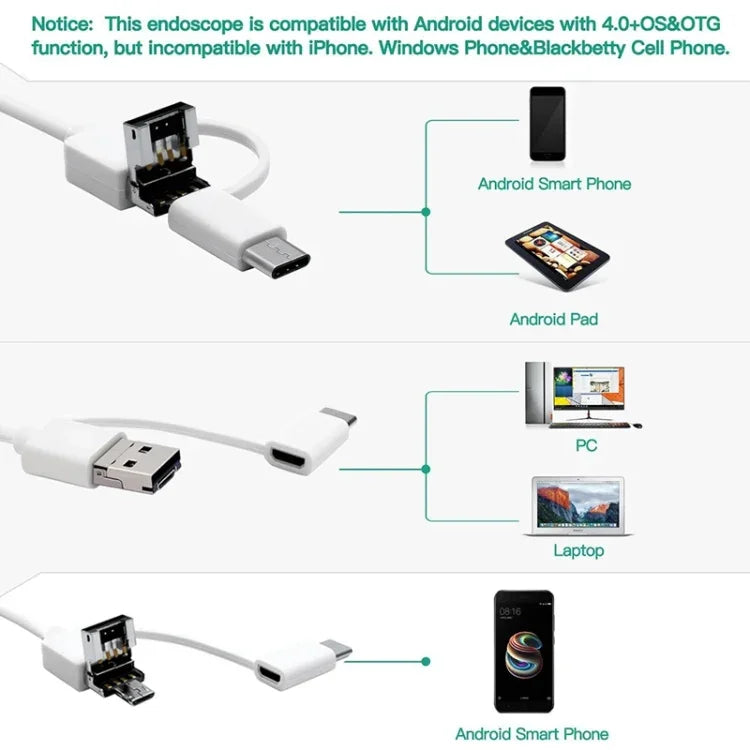 i95 Escopo Auricular USB 3 em 1 Inspeção Câmera HD 0.3MP Colher Visual para Ouvido para Telefones Android OTG & PC & MacBook, Cabo de 1,75m, 3 em 1 Branco 0.3MP