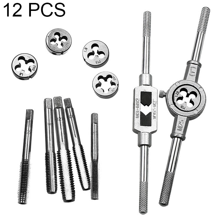 Conjunto de 12 Peças de Machos e Matrizes de Múltiplas Especificações, Chave de Catraca para Roscar Métrica Manual, 12 Peças