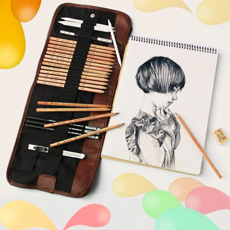 Conjunto de Ferramentas para Desenho para Iniciantes (18 Lápis de Desenho + Lápis de Carvão + Borrachas + Caneta + Faca de Arte)