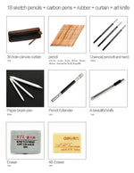 Conjunto de Ferramentas para Desenho para Iniciantes (18 Lápis de Desenho + Lápis de Carvão + Borrachas + Caneta + Faca de Arte)