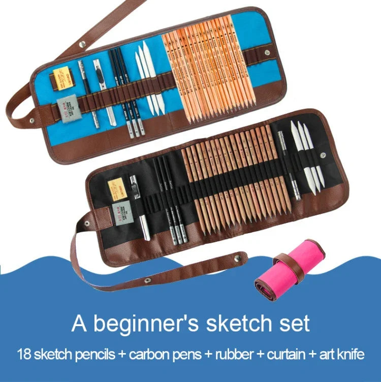 Conjunto de Ferramentas para Desenho para Iniciantes (18 Lápis de Desenho + Lápis de Carvão + Borrachas + Caneta + Faca de Arte)