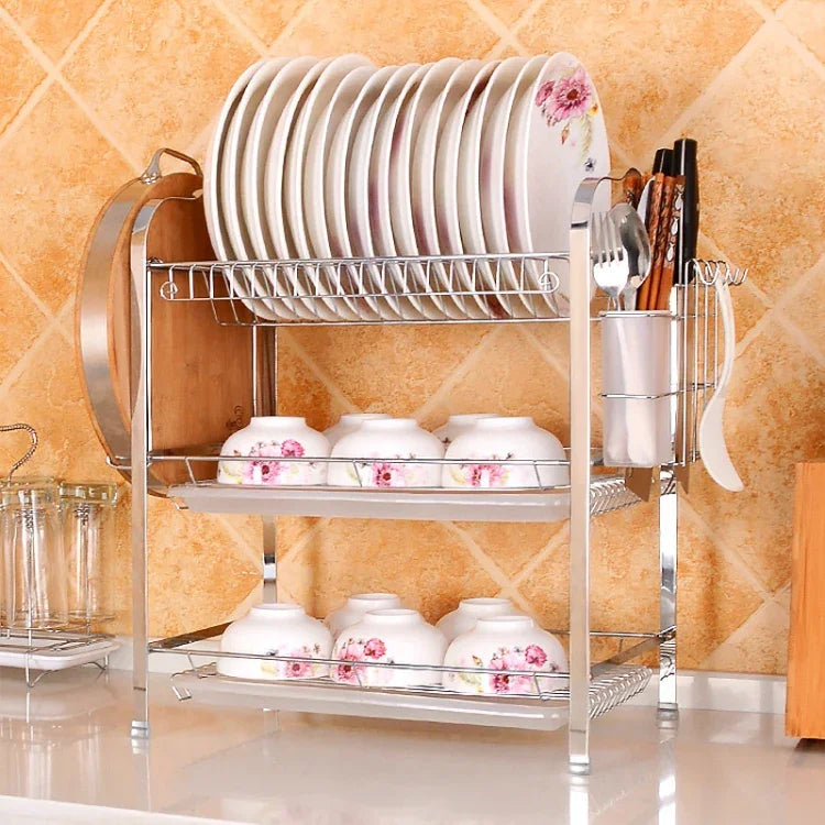 Suporte de prato pendurado em aço inoxidável para cozinha multifunções com três camadas em forma de flor