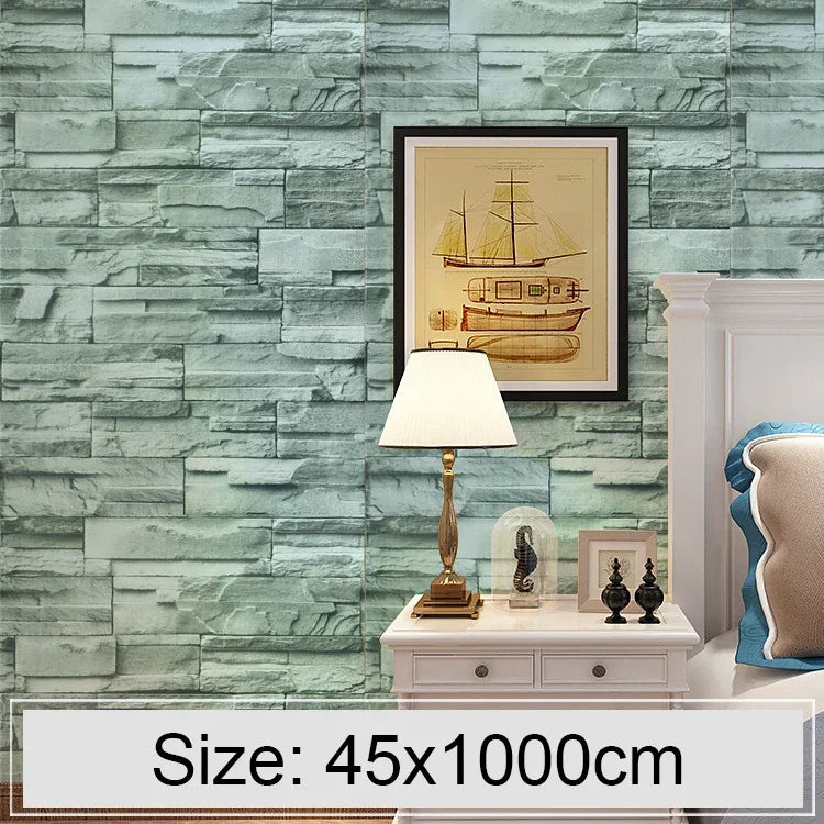 Papel de Parede Adesivo Decorativo Criativo 3D Pedra Tijolo Verde para Quarto e Sala, Resistente à Água, Rolo de Papel de Parede, Tamanho: 45 x 1000cm, Tijolo Verde