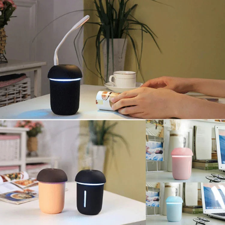 Humidificador Ultrassónico Elétrico Multifuncional 3 em 1 em Forma de Cogumelo com Aromaterapia, Névoa Fria e Porta USB Estendida