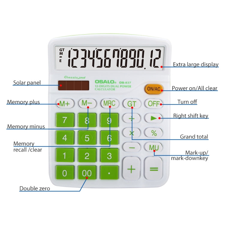 Calculadora de Secretária OSALO OS-837VC com 12 Dígitos, Colorida, Energia Solar e Dupla Alimentação