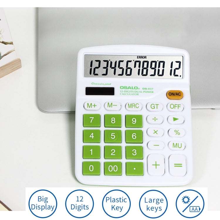 Calculadora de Secretária OSALO OS-837VC com 12 Dígitos, Colorida, Energia Solar e Dupla Alimentação
