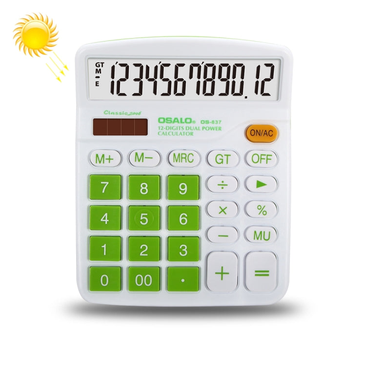 Calculadora de Secretária OSALO OS-837VC com 12 Dígitos, Colorida, Energia Solar e Dupla Alimentação