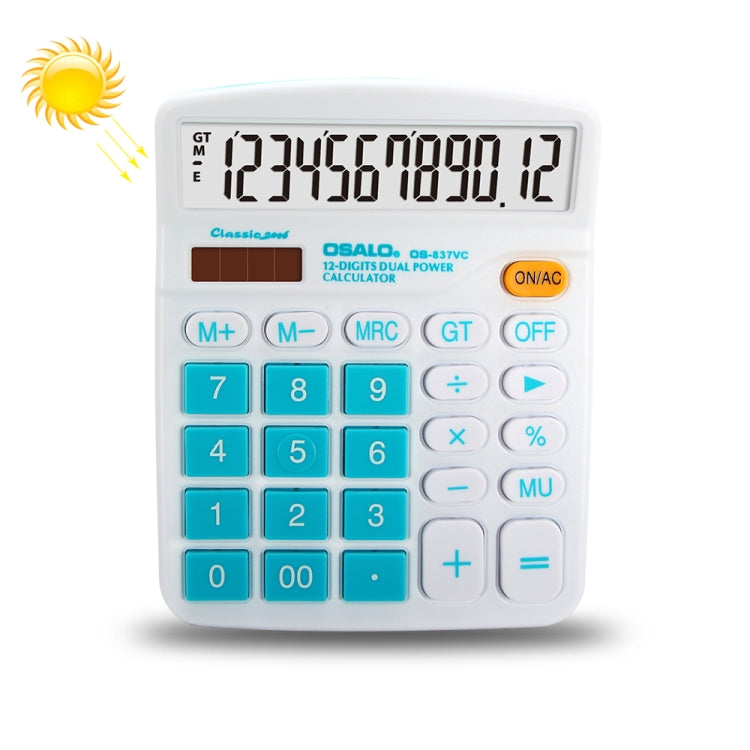 Calculadora de Secretária OSALO OS-837VC com 12 Dígitos, Colorida, Energia Solar e Dupla Alimentação
