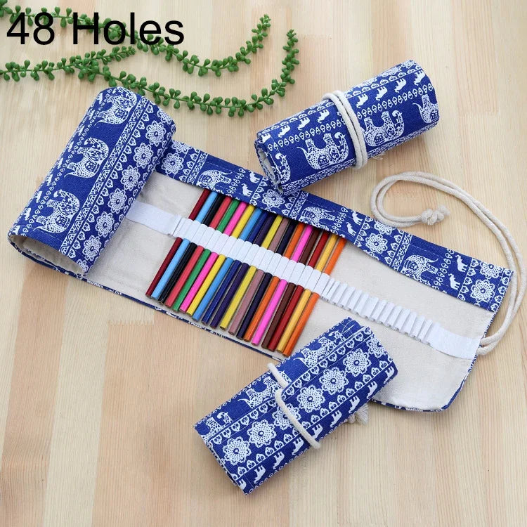 Estojo para Canetas com 48 Compartimentos, Estampa Étnica de Elefante, Estojo de Lona Enrolável para Lápis, Bolsa para Material Escolar, 48 Compartimentos