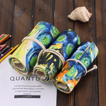 Estojo de Lápis de Tela com Impressão de Pintura a Óleo de Van Gogh com 48 Compartimentos, Estojo de Lápis Enrolável para Material Escolar, 48 Compartimentos