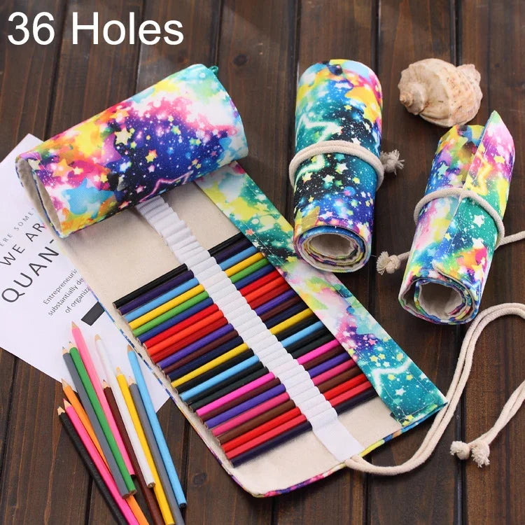 Estojo para Canetas com 36 Compartimentos, Estampa Céu Estrelado, Estojo de Lona Enrolável para Lápis, Bolsa para Material Escolar, 36 Compartimentos