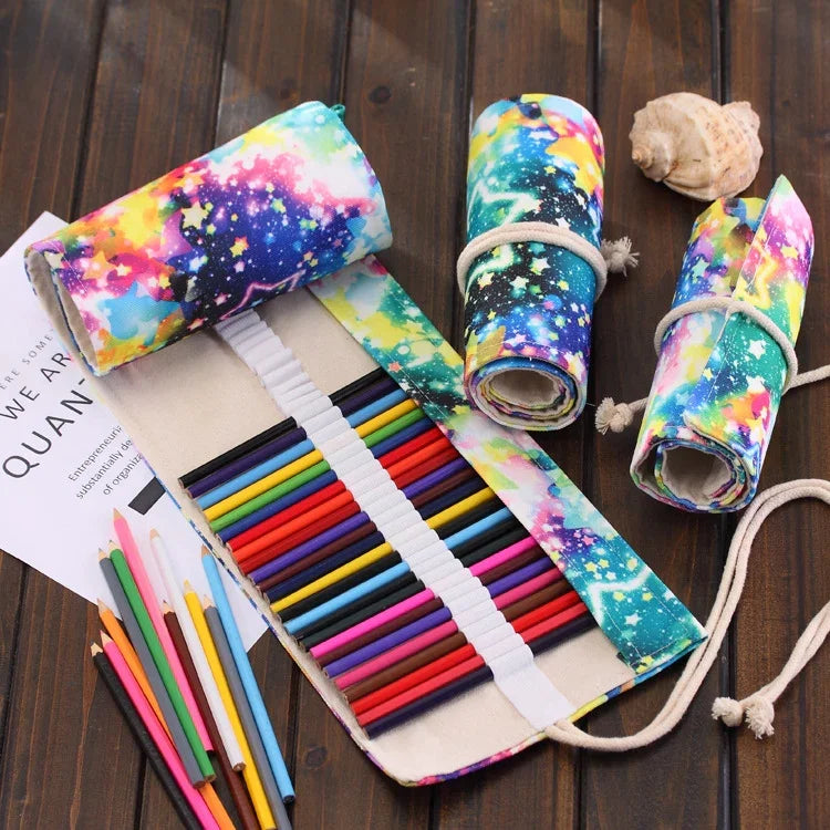 Estojo para Canetas com 36 Compartimentos, Estampa Céu Estrelado, Estojo de Lona Enrolável para Lápis, Bolsa para Material Escolar, 36 Compartimentos