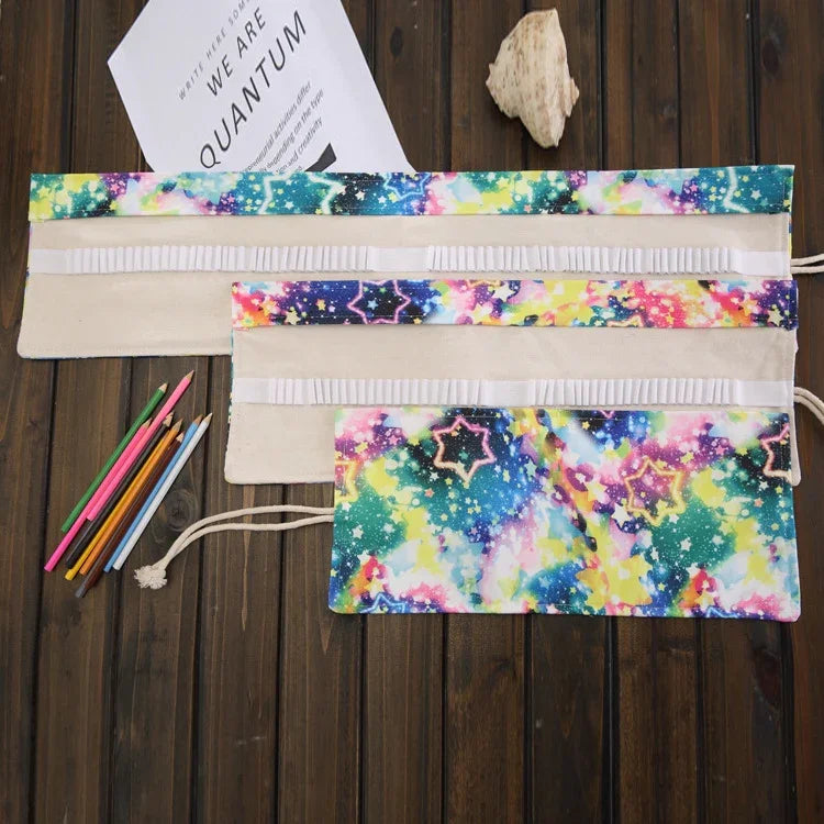 Estojo para Canetas com 48 Compartimentos, Estampa Céu Estrelado, Estojo de Lona Enrolável para Lápis, Bolsa para Material Escolar, 48 Compartimentos