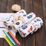 Estojo para Canetas com 36 Compartimentos, Estampa de Animais de Desenho Animado, Lona, Estojo Enrolável para Lápis, Bolsa de Papelaria, 36 Compartimentos