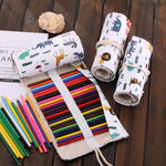 Estojo para Canetas com 48 Compartimentos, Estampa de Animais de Desenho Animado, Lona, Estojo Enrolável para Lápis, Bolsa de Papelaria, 48 Compartimentos