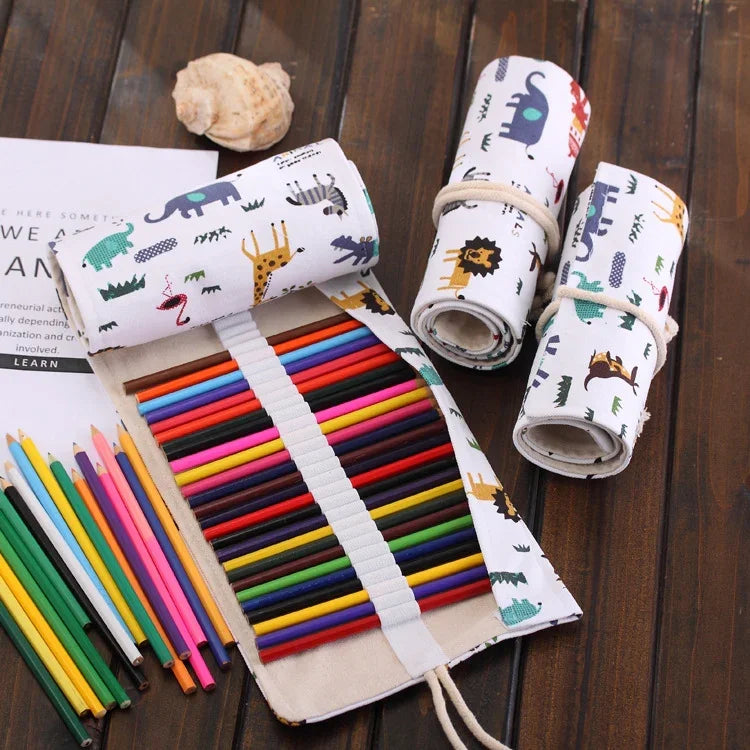 Estojo para Canetas com 48 Compartimentos, Estampa de Animais de Desenho Animado, Lona, Estojo Enrolável para Lápis, Bolsa de Papelaria, 48 Compartimentos