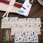 Estojo para Canetas com 48 Compartimentos, Estampa de Animais de Desenho Animado, Lona, Estojo Enrolável para Lápis, Bolsa de Papelaria, 48 Compartimentos
