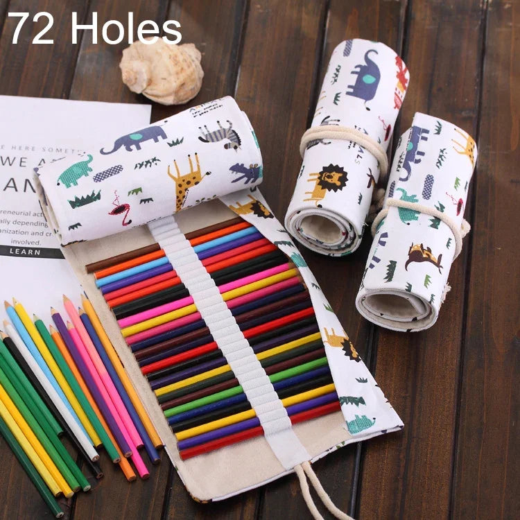72 Slots Cartoon Animal Print Pen Bag Canvas Pencil Wrap Curtain Roll Up Pencil Case Stationery Pouch, 72 Slots