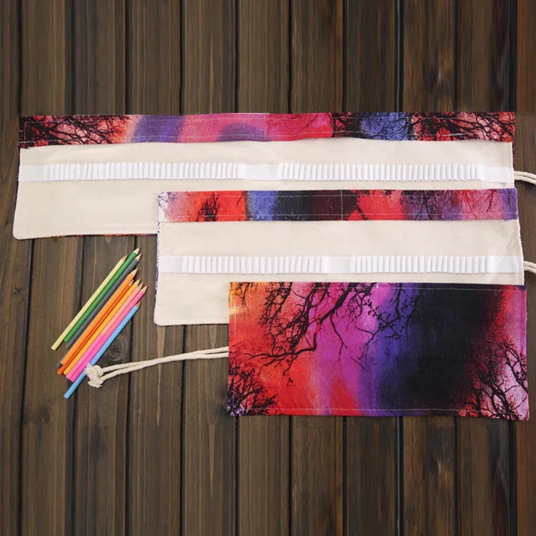 Estojo para Canetas com 48 Compartimentos, Estampa Árvore ao Pôr do Sol, Estojo de Lona Enrolável para Lápis, Bolsa para Material Escolar, 48 Compartimentos