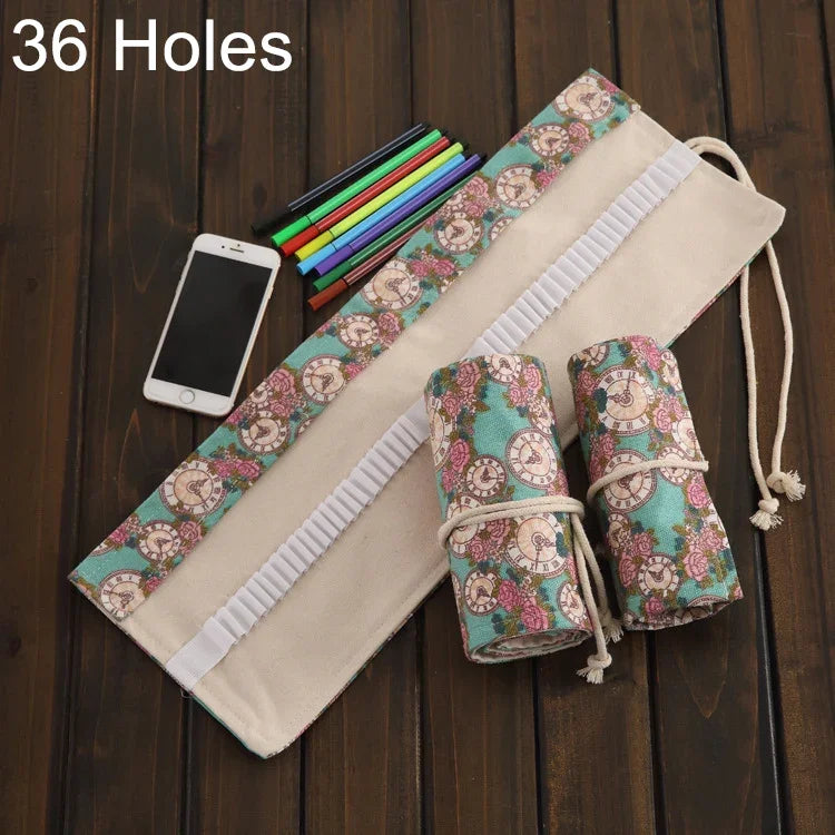 36 Slots Rose Clock Print Pen Bag Canvas Pencil Wrap Curtain Roll Up Pencil Case Stationery Pouch, 36 Slots