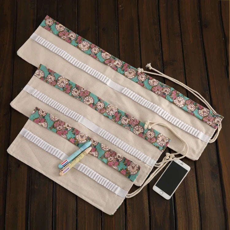 Estojo para Canetas com 36 Compartimentos, Estampa de Relógio Rosa, Lona, Enrolável, Bolsa para Material Escolar