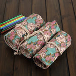 Estojo para Canetas com 36 Compartimentos, Estampa de Relógio Rosa, Lona, Enrolável, Bolsa para Material Escolar