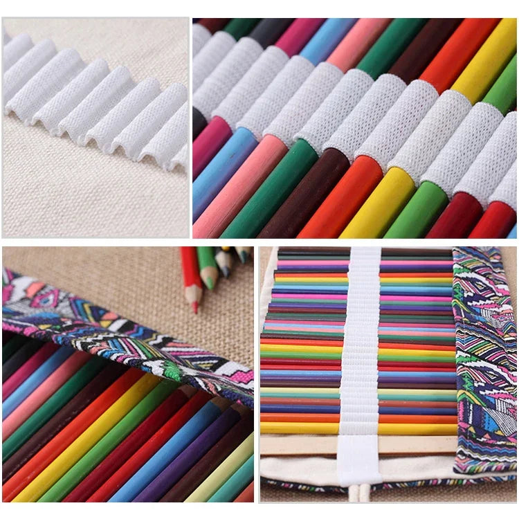 Estojo para Canetas com Estampa Étnica, 72 Compartimentos, Estojo de Lona para Lápis, Cortina Enrolável, Bolsa de Papelaria, 72 Compartimentos