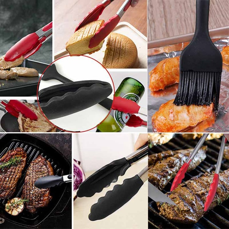 Pinças de silicone antiderrapantes para alimentos, pão e churrasco, 12 polegadas, preto, vermelho