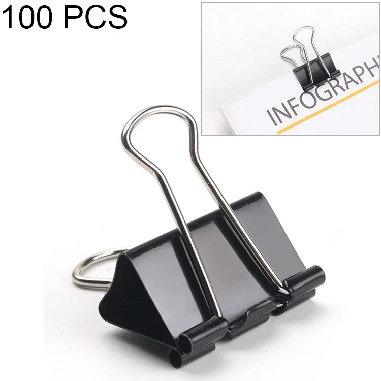 100 Clips de Metal Pretos de 19mm para Notas, Papel e Escritório, 100 Unidades / 19mm